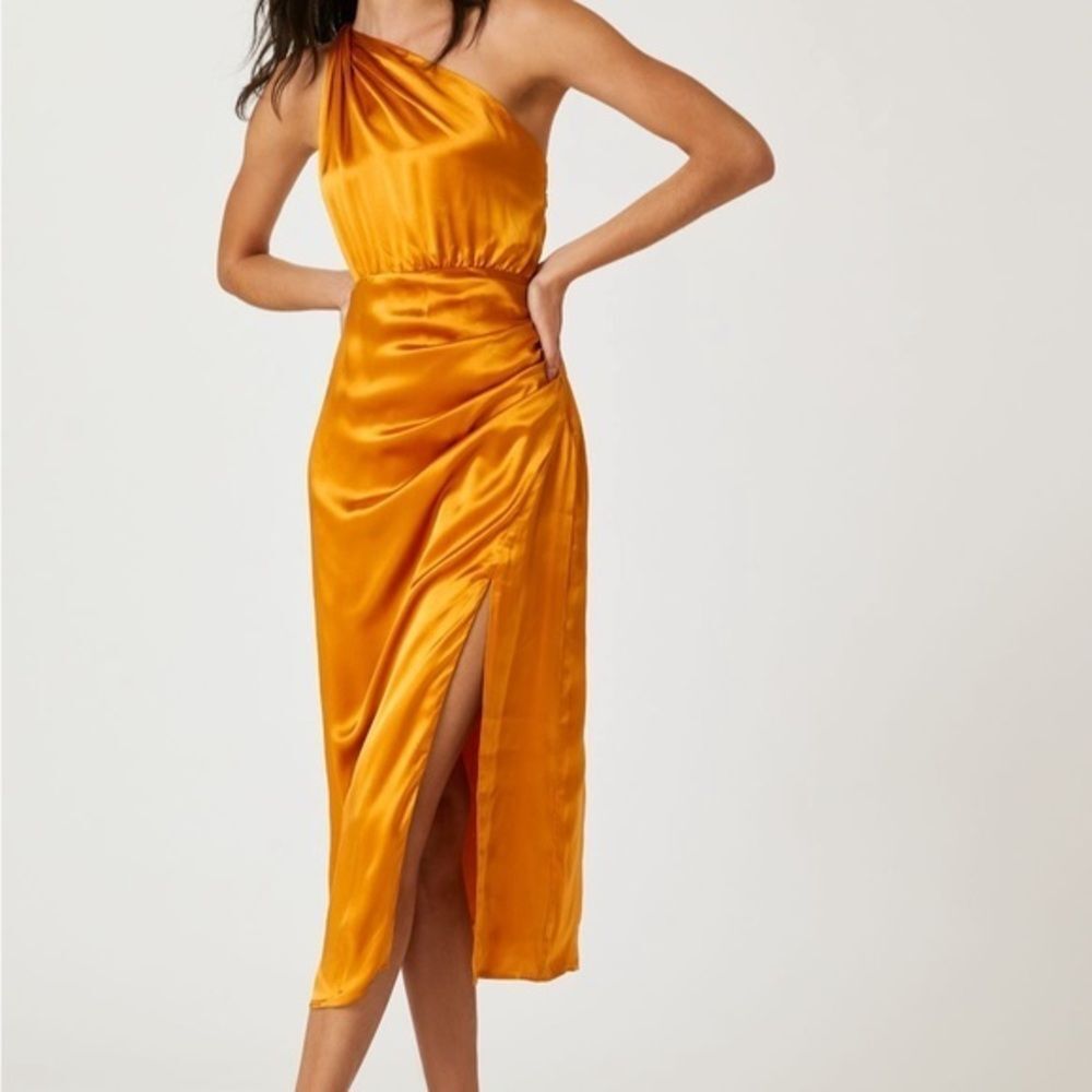 Anthropologie silk one shoulder silk midi dress in copper / gold
